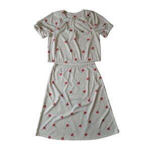 Vintage White With Polka Dot Floral Print Blouse & Skirt Matching 2 Piece Set